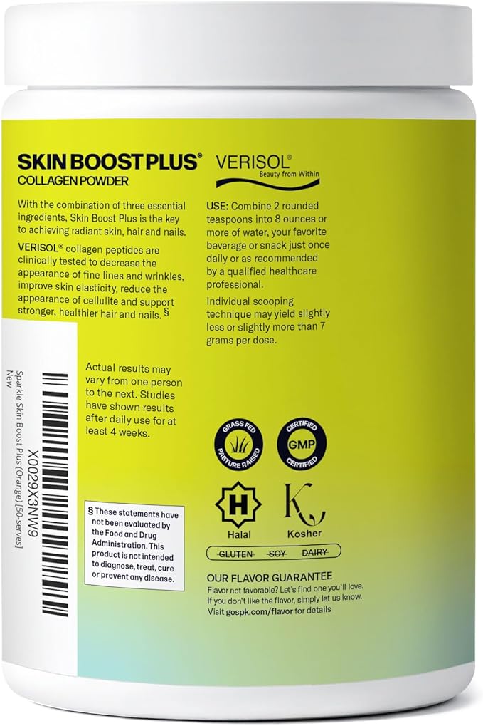 Sparkle Wellness VERISOL Bioactive Hydrolyzed Collagen Peptides | Collagen Powder Supplement with Vitamin C &amp Hyaluronic Acid for Hair Skin and Nail Health | Skin Boost Plus (Orange) [50-Serves]