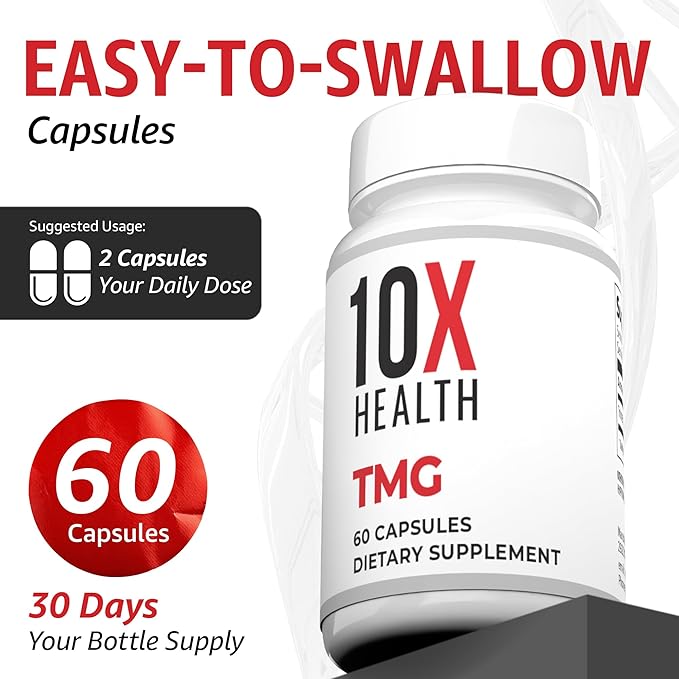 10X Health TMG Supplements - Trimethylglycine Supplement for Liver Support Heart Wellness Energy Homocysteine Levels - TMG Capsules with Betaine Anhydrous - Non-GMO &amp Gluten-Free - 60 Capsules