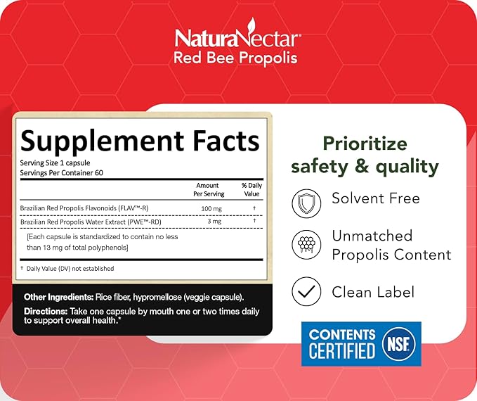 NaturaNectar - Red Bee Propolis Capsules - NSF Contents Certified Premium Brazilian Propolis - Gluten-Free Supplements with More Diverse Flavonoids &amp PWE - Sourced Through Ethical Beekeeping (60pc