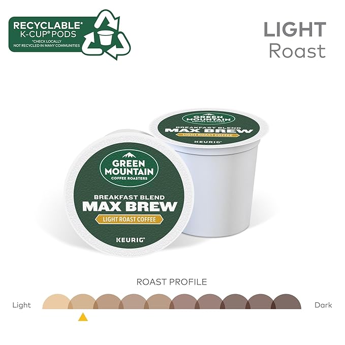 Green Mountain Coffee Roasters Breakfast Blend Max Brew Single Serve Keurig K-Cup Pods Light Roast Coffee 60-Count Box (6 Packs of 10)