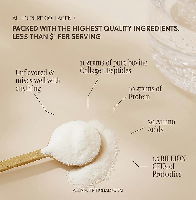 All In Nutritionals Pure Collagen + Probiotics- a one of a Kind Pure and Clean Collagen with Added Probiotics - 1 Scoop Serving- 45 Day Supply!