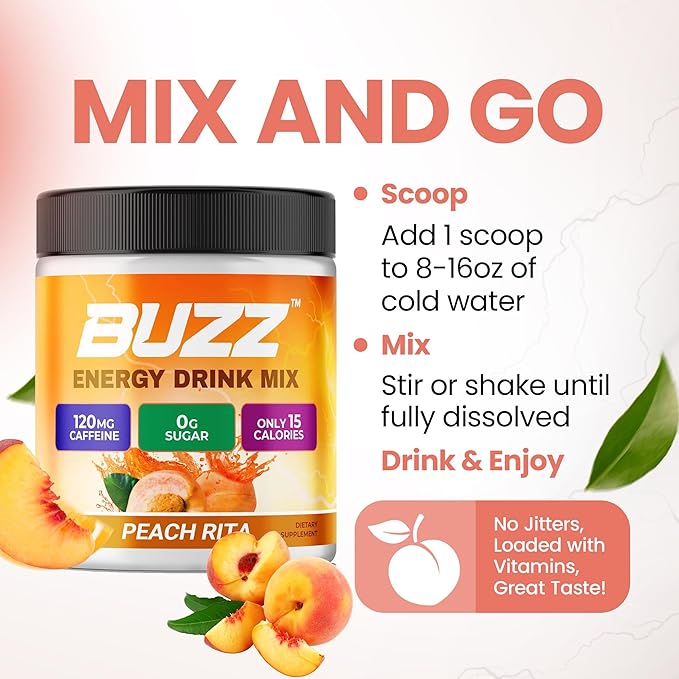 Morning Buzz Energy Drink Powder - Energy Boost Drink Mix - Sugar-Free Energy with Antioxidants - Morning Kickstart and Sports Nutrition Endurance Product - 30 Servings Peach Rita 8 Ounces