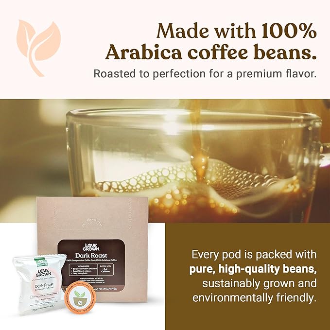 Love Grown Plastic-Free Coffee Pods 100% Arabica Single-Serve Cups Compostable Non-GMO - Compatible with Keurig Coffee Pods Machines and K-Cup Brewers Decaf Flavor Box of 15