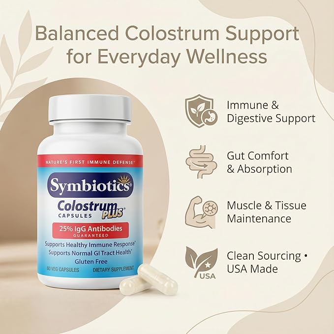 Symbiotics Colostrum Vegetable Capsules 120 Count - Immune &amp Gut Support with Lactoferrin and Naturally Occurring IgG - Gluten Free rBST-Free - 120