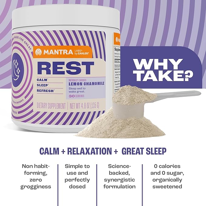 Zahler Mantra Rest The Calming Sleep Aid Supplement Lemon Chamomile Flavor 30 Servings.