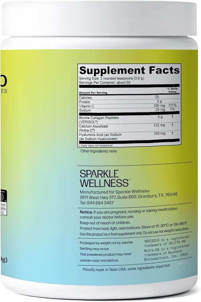 Sparkle Wellness VERISOL Bioactive Hydrolyzed Collagen Peptides | Collagen Powder Supplement with Vitamin C &amp Hyaluronic Acid for Hair Skin and Nail Health | Skin Boost Plus (No Flavor) [50-Serv