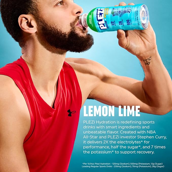 PLEZi Lemon Lime Hydration Drink x Stephen Curry - Sports Drinks with 2X Electrolytes - 500mg Potassium Low Sugar No Added Sugar - For Kids &amp Adults - 16.9 Fl Oz (12 Pack)