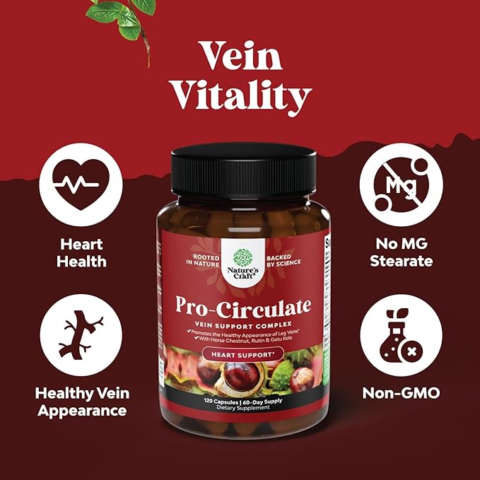 Natures Craft Vein Support Supplement for Leg and Veins - Full Body Supplement for Spider &amp Varicose Veins and Improved Flow with Horse Chestnut Extract - Vegan Non-GMO Capsules - 120 Count