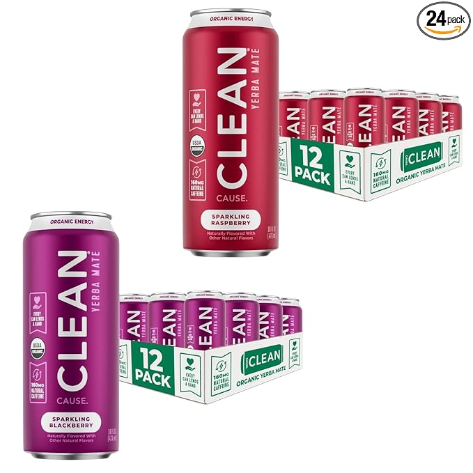 CLEAN Cause Low Calorie Raspberry and Blackberry USDA Organic Sparkling Yerba Mate Tea (16oz cans 2-12-Pack Case) Low Sugar 160mg Caffeine Healthy Alternative to Soda &amp Energy Drinks.
