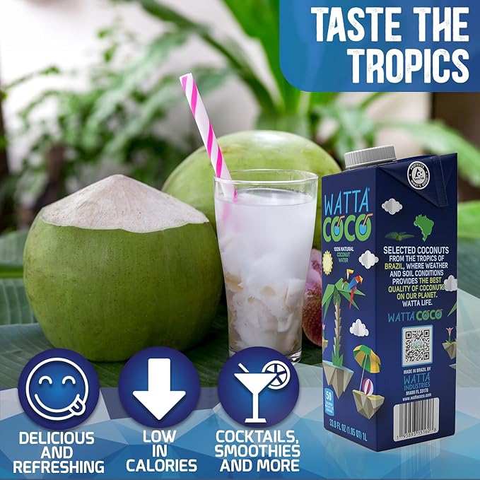 Watta Coco Natural Brazilian Coconut Water No Added Sugar - Unsweetened and Preservative Free Agua de Coco - Healthy Drinks and Juice Alternative for Adults and Kids from Young Raw Green Coconuts 33