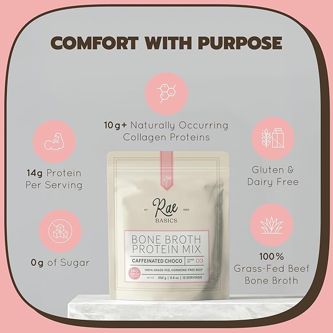 Bone Broth Protein Powder Grass Fed Collagen with 14g Complete Protein &amp 60mg Caffeine Gluten Free Keto &amp Dairy Free Organic &amp Clean Ingredients Caffeinated Chocolate 12 Servings