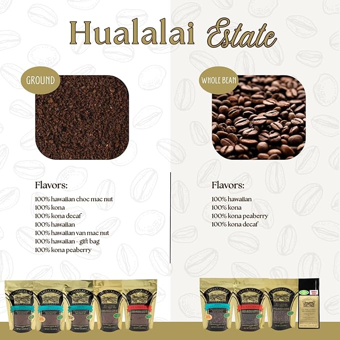 Hualalai Estate Decaf Kona Coffee Grounds - Medium Dark Roasted Hawaiian Grown Beans - Decaffeinated Pesticide-Free Premium Coffee (7 oz)