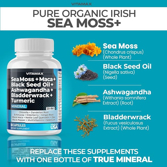 Vitamax Pure Himalayan Shilajit Supplement Sea Moss Ashwagandha Bladderwrack Gingko Biloba Organic Capsules &amp Trace Mineral for - Non-GMO - Vegan - Men and Women – Made in USA