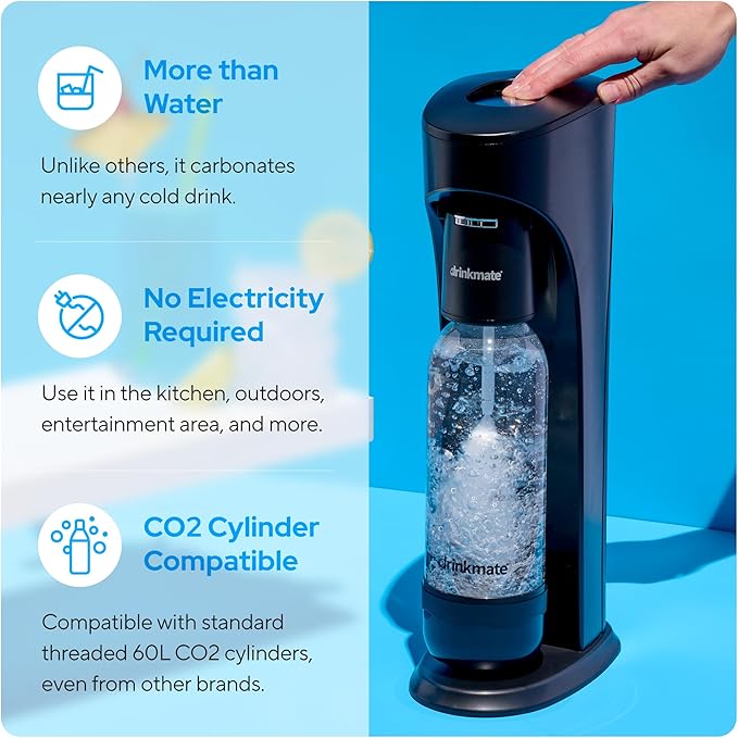 Drinkmate OmniFizz Sparkling Water and Soda Maker Carbonates Any Drink ULTIMATE BUNDLE - Includes three 60L CO2 Cylinders Two Carbonation Bottles and Fizz Infuser (Matte Black)