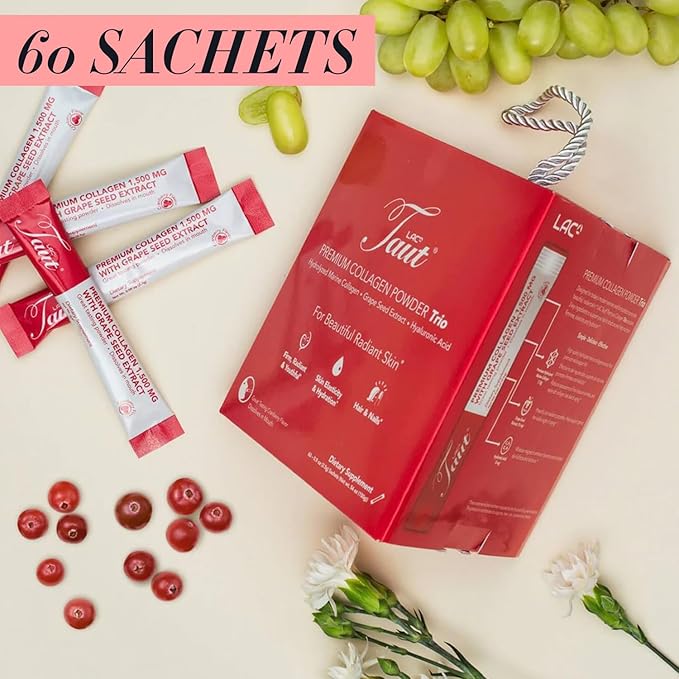 TAUT Collagen Powder for Women - Pure Marine Hydrolyzed Collagen Powder Sachet for Younger Looking Skin - 1500 Mg Hydrolyzed Collagen Peptides with Hyaluronic Acid &amp Grape Seed Extract - 60 Sachet