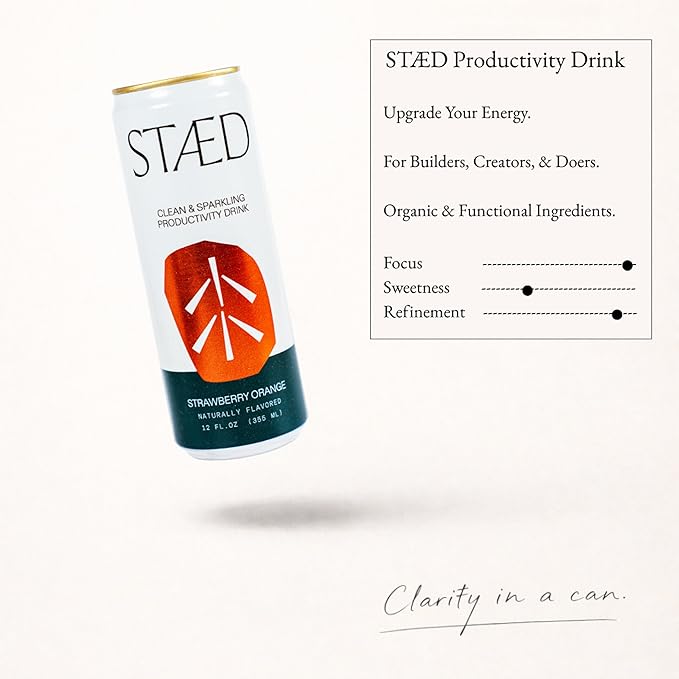 Drink Staed Strawberry Orange Productivity Drink Sparkling Functional Beverage 12-Pack – with Cognizin® Citicoline &amp L-Theanine Organic Clean Caffeine Healthy Energy Drink