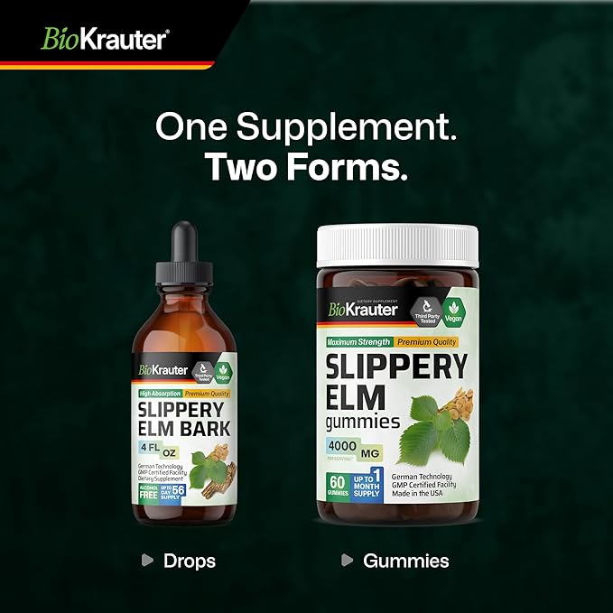 BIO KRAUTER Slippery Elm Bark Tincture - Pure Slippery Elm for Women &amp Men - 4 Fl.Oz. 56 Days of Supply - Throat &amp Voice Support - Vegan Liquid Drops for Lungs - Respiratory &amp Digestive He