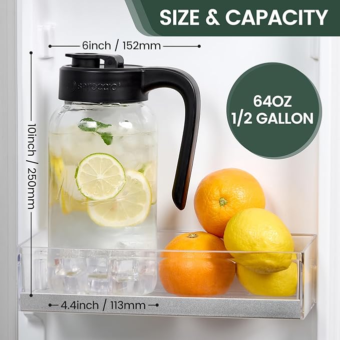 Mason Jar Pitcher - Airtight &amp Leakproof Glass Pitcher with Lid Perfect for Breastmilk Cold Brew and Sun Tea 2 Quart (64 oz) Mason Jar with Pour Spout Lid