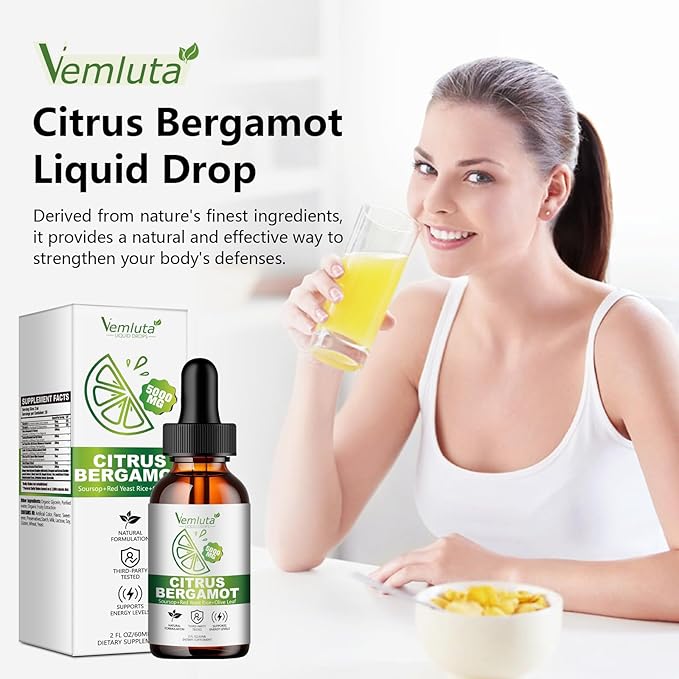 2 Packs 5000mg Citrus Bergamot Liquid Drops-2X Absorption- Cholesterol Lowering Supplement w Soursop Red Yeast Rice Olive Leaf Hight Cholesterol -Soursop Bitters Liquid-Heart &amp Immune Support