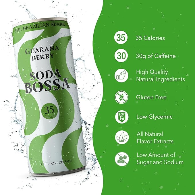 Soda Bossa Sparkling Soda Guarana Flavor Low-Calorie Gluten Free &amp Guilt-Free Sparkling Soda Drink - Natural Soda - Craft Soda 8-12 FL OZ Cans/Box (Pack of 1 Box)