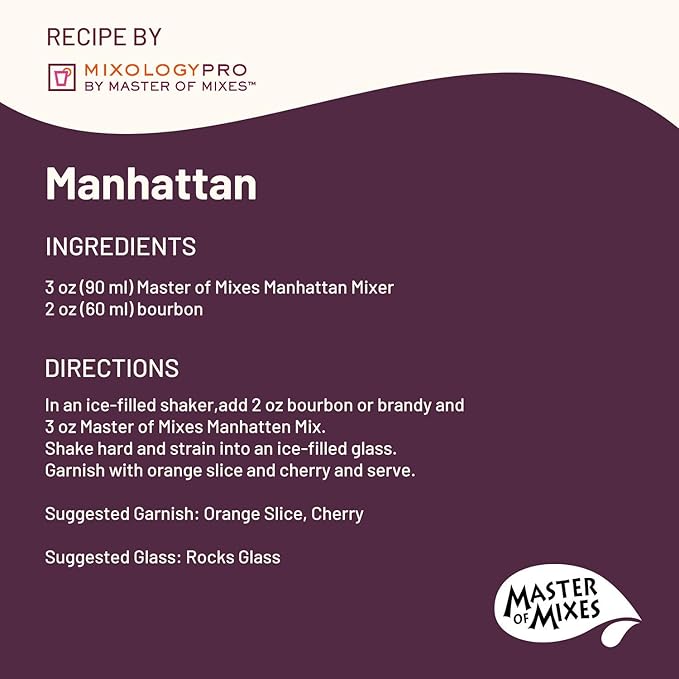 Master of Mixes Manhattan Drink Mix Ready To Use 1 Liter Bottle (33.8 Fl Oz) Pack of 6