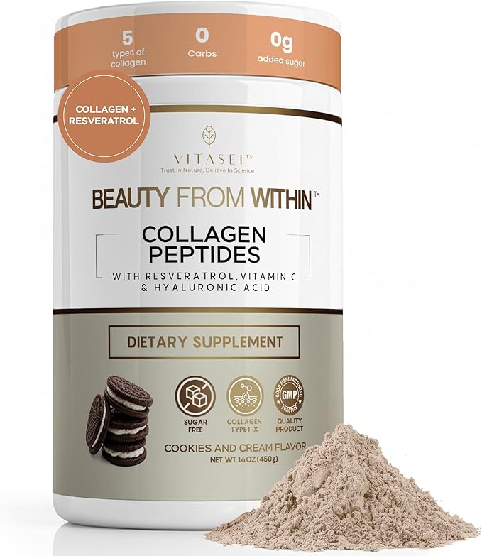 VITASEI Hydrolyzed Collagen Peptides Powder with Resveratrol &amp Vitamin C – Hair Skin &amp Joint Support – Colágeno Hidrolizado for Women &amp Men – Delicious Cookies &amp Cream Flavor 16 oz (