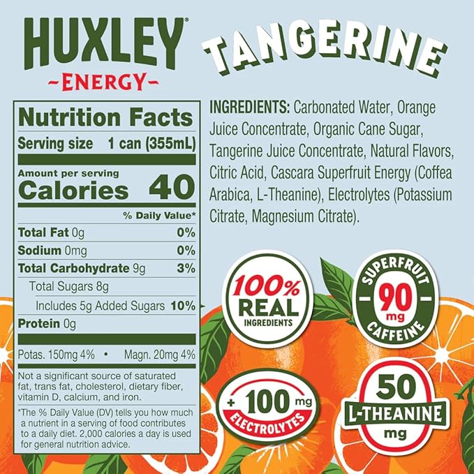 Huxley Superfruit Energy Drink Tangerine 90mg Natural Caffeine Electrolytes for Hydration 100% Real Ingredients 5g Organic Cane Sugar No Artificial Sweeteners or Flavors L-theanine for Sustaine