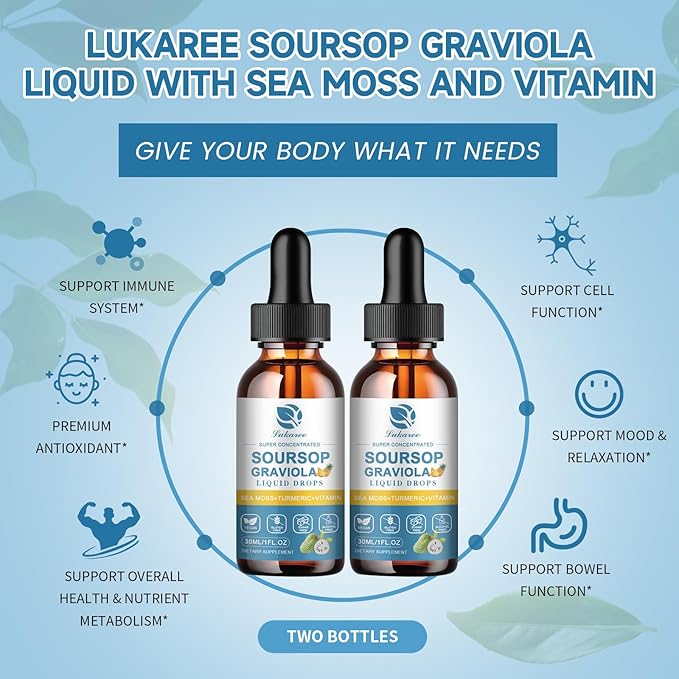 (2 Pack) Soursop Graviola Leaf Extract Liquid Drop Plus Pure Botanical Sea Moss for Cell Support &amp Regeneration Immunity and Gut Health Soursop Bitters Liquid丨Full TexturePineapple Flavor1 Fl