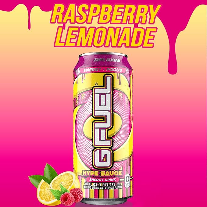 G Fuel Energy Drink Raspberry Lemonade Sugar Free Beverage with 300mg Caffeine Daily Energy Boost with Focus Amino Vitamin + Antioxidants 16 oz Cans (Hype Sauce 12-Pack)