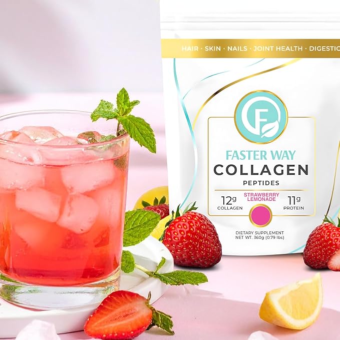 Faster Way - Collagen Peptides - 12g Hydrolyzed Collagen + 11g Protein Per Serving - Hair Skin &amp Nails - Amino Acids- Sugar Gluten &amp Dairy Free - Non-GMO - Strawberry Lemonade - 30 Servings