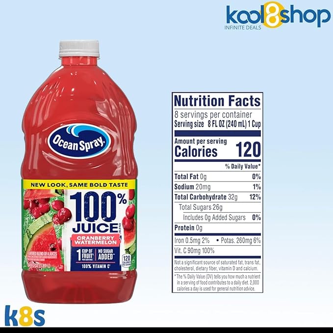Ocean Spray Cranberry Watermelon 100% Fruit Juice No Added Sugar 64 fl oz 4 Pack + 15 Sugarcane Disposable Straws by KOOL8SHOP Infinite Deals
