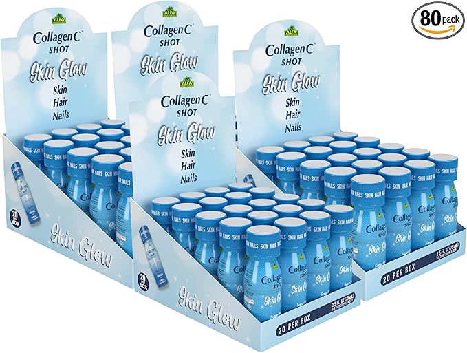 CollagenC - Skin Glow Shot 20 Pack - Collagen 10g Vitamin c 1000mg Biotin 1000mcg Vitamin D 800 IU - Natural Orange-Ginger Flavor 2.0oz Bottle - 80 Pack