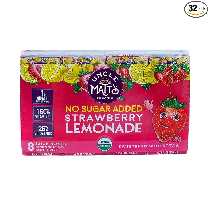 Uncle Matt’s No Sugar Added Strawberry Lemonade Organic Fruit Juice Box for Kids with Vitamin C D Zinc Only 10 Calories 32 pack of 6.75 oz Boxes