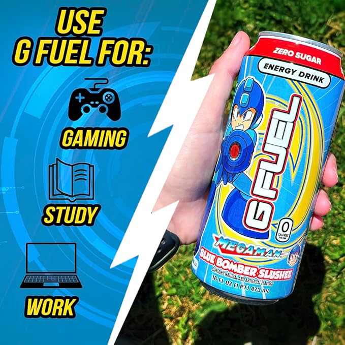 G Fuel Energy Drink Blue Raspberry Sugar Free Beverage with 300mg Caffeine Daily Energy Boost with Focus Amino Vitamin + Antioxidants 16 oz Cans (Megaman Blue Bomber 12-Pack)