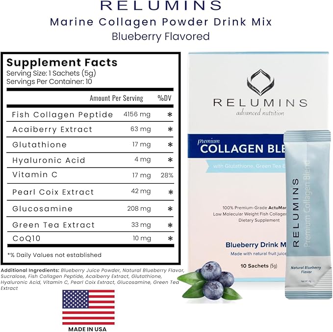 Relumins Premium Collagen &amp Gluta-1000 Bundle – 10 Blueberry Marine Collagen Sachets + 30 Vegetarian Capsules for Skin Hydration Wellness and Daily Nutrient Support