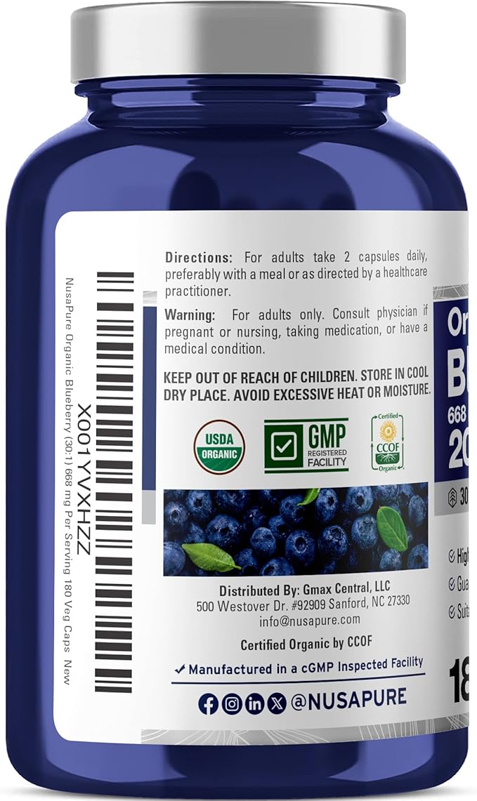 NusaPure Blueberry Concentrate 30:1 Extract 667 mg Equivalent to 20000 mg 180 Veg Caps Suitable for Vegetarian Vegan Non-GMO