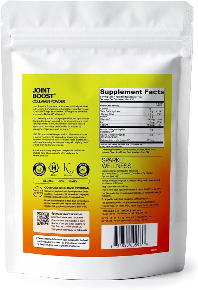Sparkle Wellness FORTIGEL &amp TENDOFORTE Collagen Peptides | Collagen Powder with Calcium Ascorbate Vitamin C to Support Joint Mobility Tendon &amp Ligament Health | Joint Boost (Chocolate) [30-Se