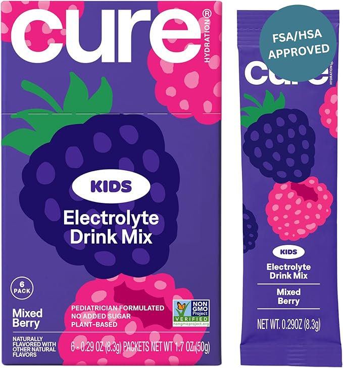 Cure Hydration - Kids Electrolyte Drink Mix | Plant-Based Pediatrician Formulated Rehydration | No Added Sugar FSA-HSA Non-GMO Gluten-Free No Artificial Flavors | Box of 6 Packets - Mixed Berry