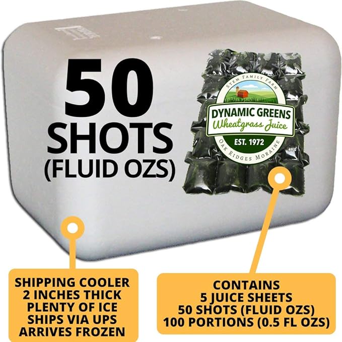 100% Wheatgrass Juice – Field-Grown Flash-Frozen Unpasteurized – 50 fl oz (100 x 0.5 fl oz Portions) – Dynamic Greens