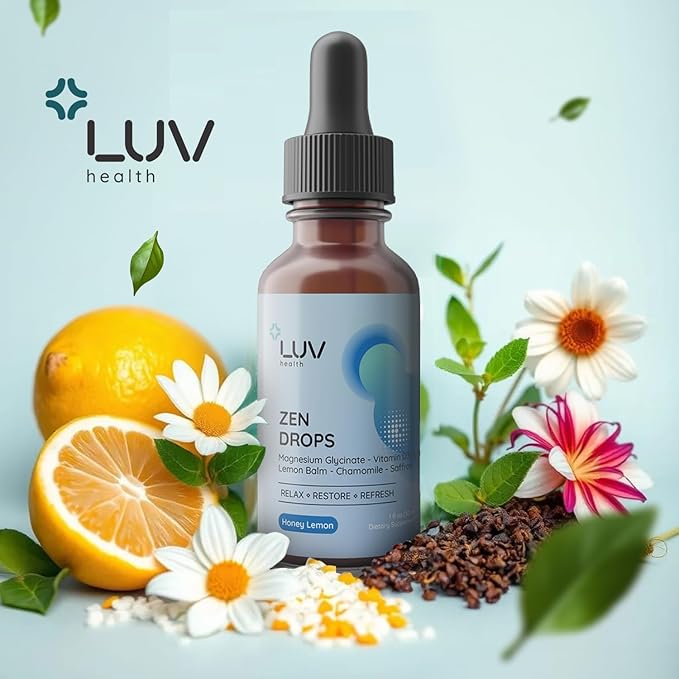 LUV Zen Drops: Anxiety and Stress Support Drops with Magnesium Glycinate Vitamin D3 Lemon Balm Chamomile Saffron L-Theanine. Keto Vegan USA Made Non-GMO 30 Servings (1)