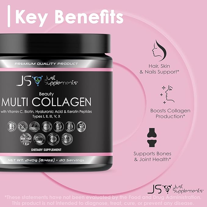 Beauty Multi Collagen with Vitamin C Biotin Hyaluronic Acid &amp Keratin Peptides Type I II III V X.