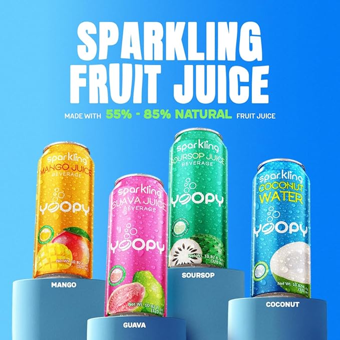 Yoopy Sparkling Fruit Juices Variety Pack – 12 Cans (10.82 fl oz Each) – with 55% Real Juice – Tropical Flavours Naturally Refreshing