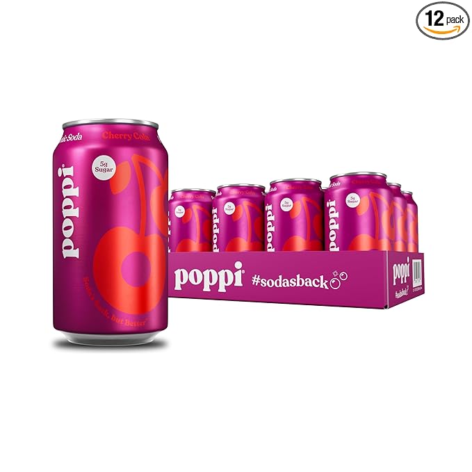Poppi Sparkling Prebiotic Soda Beverage with Apple Cider Vinegar Seltzer Water and Fruit Juice Cherry Cola Flavor 12 oz Pack of 12 Packaging May Vary.
