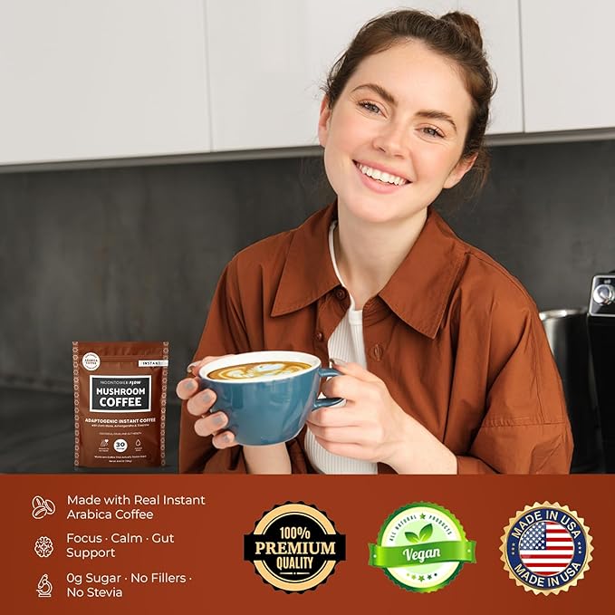 Moontower Organic Mushroom Coffee - Instant Adaptogenic Blend with Lion's Mane Ashwagandha L-Theanine &amp Prebiotic Inulin for Focus Calm Energy &amp Gut Health - Real Ground Coffee - 30 Serving