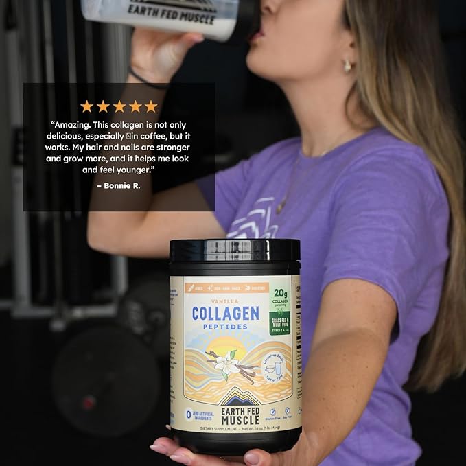 Earth Fed Muscle Grass Fed Collagen Peptides Powder Vanilla - Hydrolyzed Multi Collagen Types I and III for Hair Skin Nails Joints - Keto Paleo Protein Supplement for Women&ampMen (21 Servings Vanil