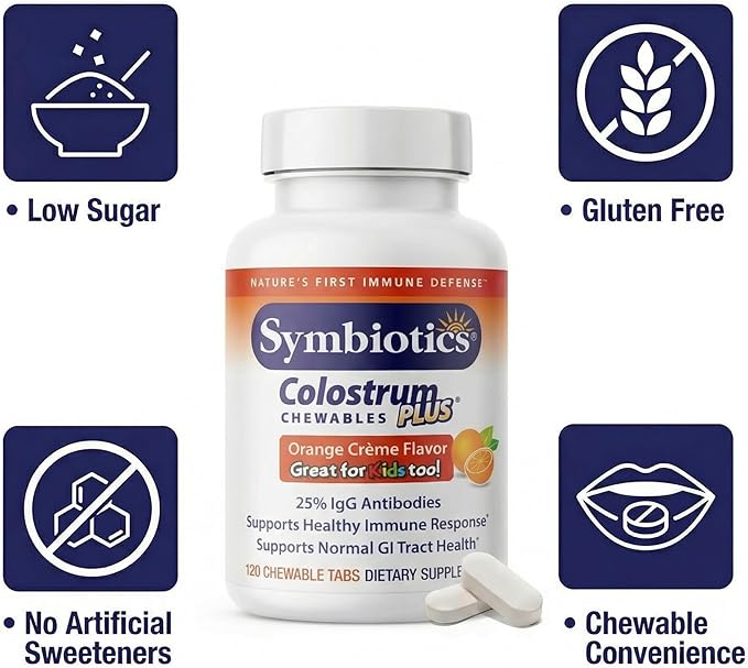 Symbiotics Naturade Colostrum Chewable Tablets Immune &amp Digestive Support with Lactoferrin Gluten Free Low Sugar Easy Daily Wellness Nutrition (120 Count - Orange Cream)