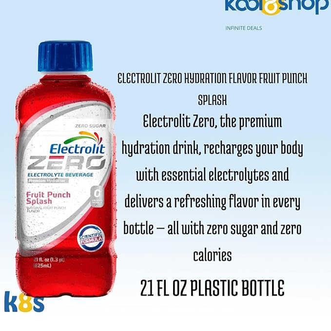 Electrolit Zero Fruit Punch Splash Hydration Drink with Electrolytes 21 fl oz Plastic Bottle 9 Pack + 1 Microfiber Cooling Towel by KOOL8SHOP Infinite Deals