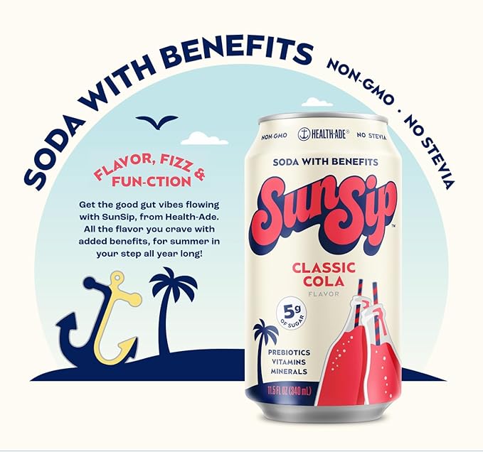 SunSip Prebiotic Soda by Health-Ade Better-for-You Soda Swap Beverage with Vitamins &amp Minerals Naturally Sweetened with 6g of Sugar Classic Cola 11.5 oz (12 Pack)
