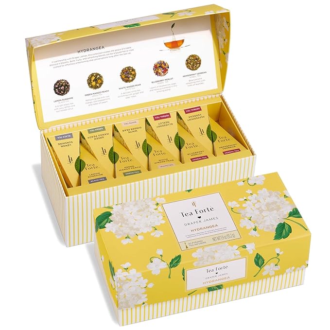 Tea Forte Premium Presentation Box Gift Set Sampler 20 Count Assorted Blends Individually Wrapped Handcrafted Pyramid Infuser Bags Hydrangea