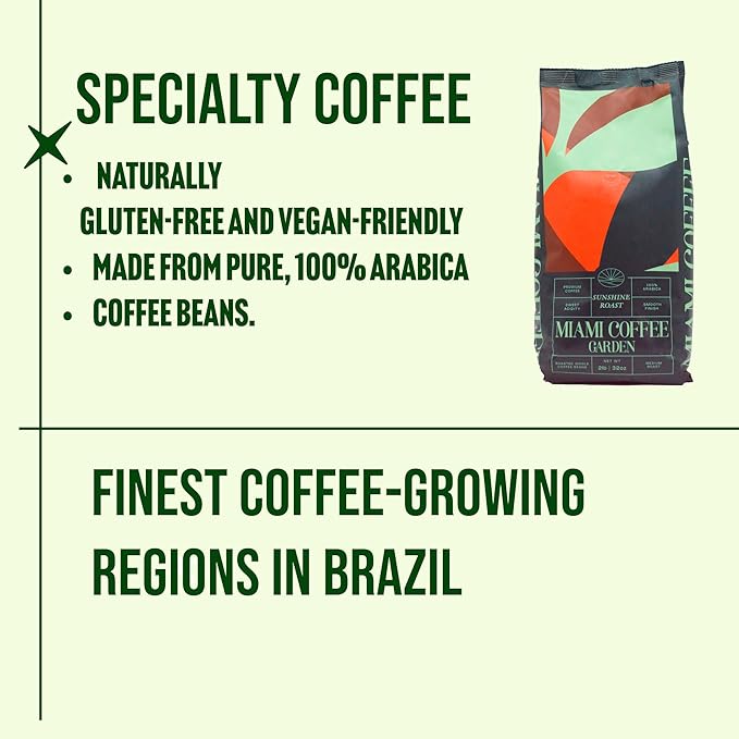 Miami Coffee Garden Sunshine Roast Brazilian Premium Coffee Rich and Balanced 100% Arabica Beans Low Acid Single Origin Finest Coffee Whole Beans 2 Lb Bag